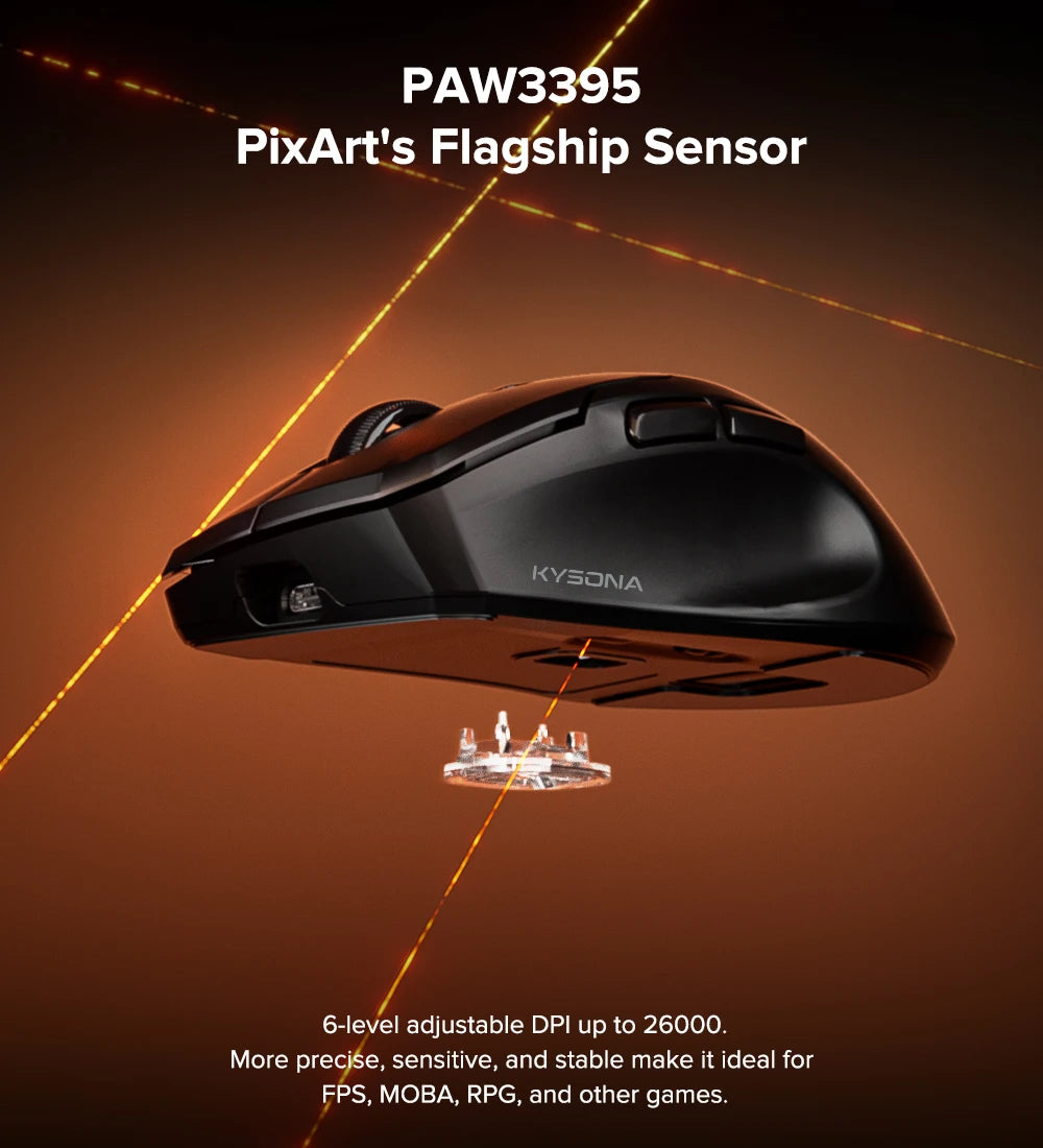 KYSONA Uranus Pro PAW3395 Wireless Gaming Mouse 54g Lightweight 8KHz Polling Rate 26000DPI Ultimate Optical Sensor For Laptop PC