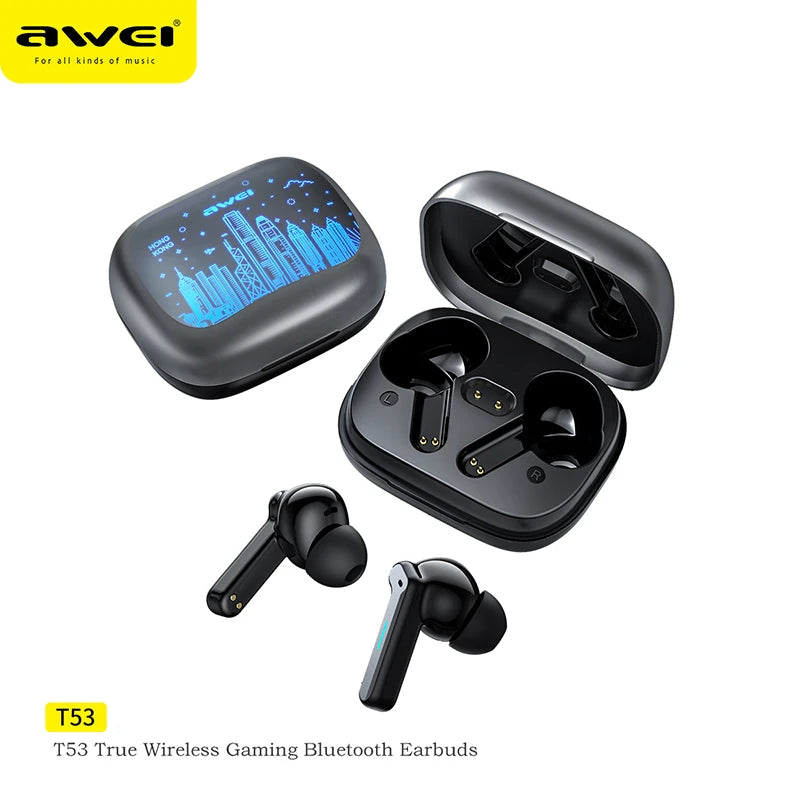 Awei T53 TWS Bluetooth Earbuds Gaming Wireless Headphones Call Noise Reduction Earphones with Shenzhen HongKong RGB Light