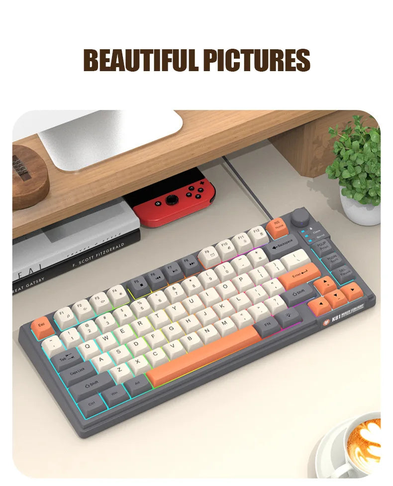 Keyboard K81 Gaming Keyboard 81 Key 80% Layout Spanish Russian Korean Arabic Keyboard USB Wired RGB Light Volume Knob Ergonomics