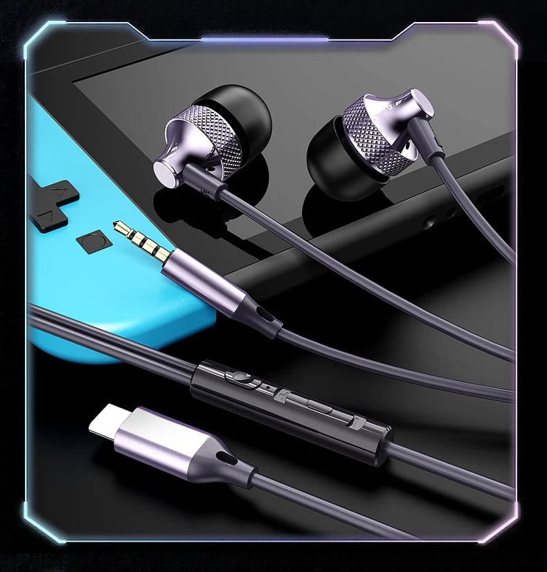 For Samsung Galaxy Gaming Wired Headphones Type C 3.5mm Heavy Bass In-Ear Earphones With Mic Phone Tablet PC HIFI Music Earbuds