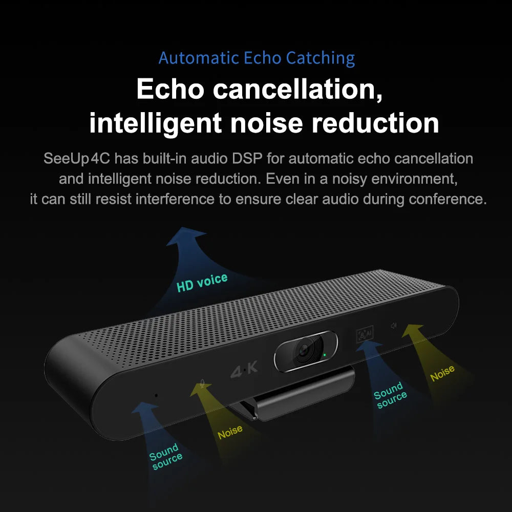 4K Webcam AI Voice Tracking with Mics Camera 4X Digital Zoom 30fps Auto Focus for PC Living Stream Online Meeting Video Camera