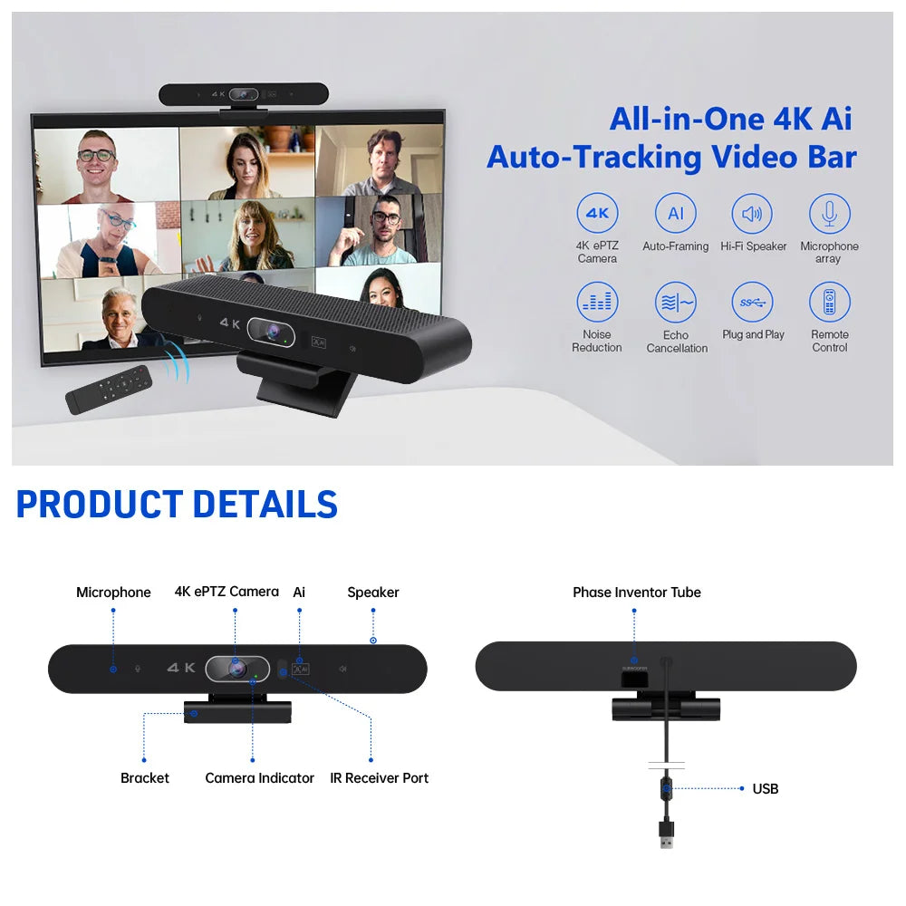 4K Webcam AI Voice Tracking with Mics Camera 4X Digital Zoom 30fps Auto Focus for PC Living Stream Online Meeting Video Camera