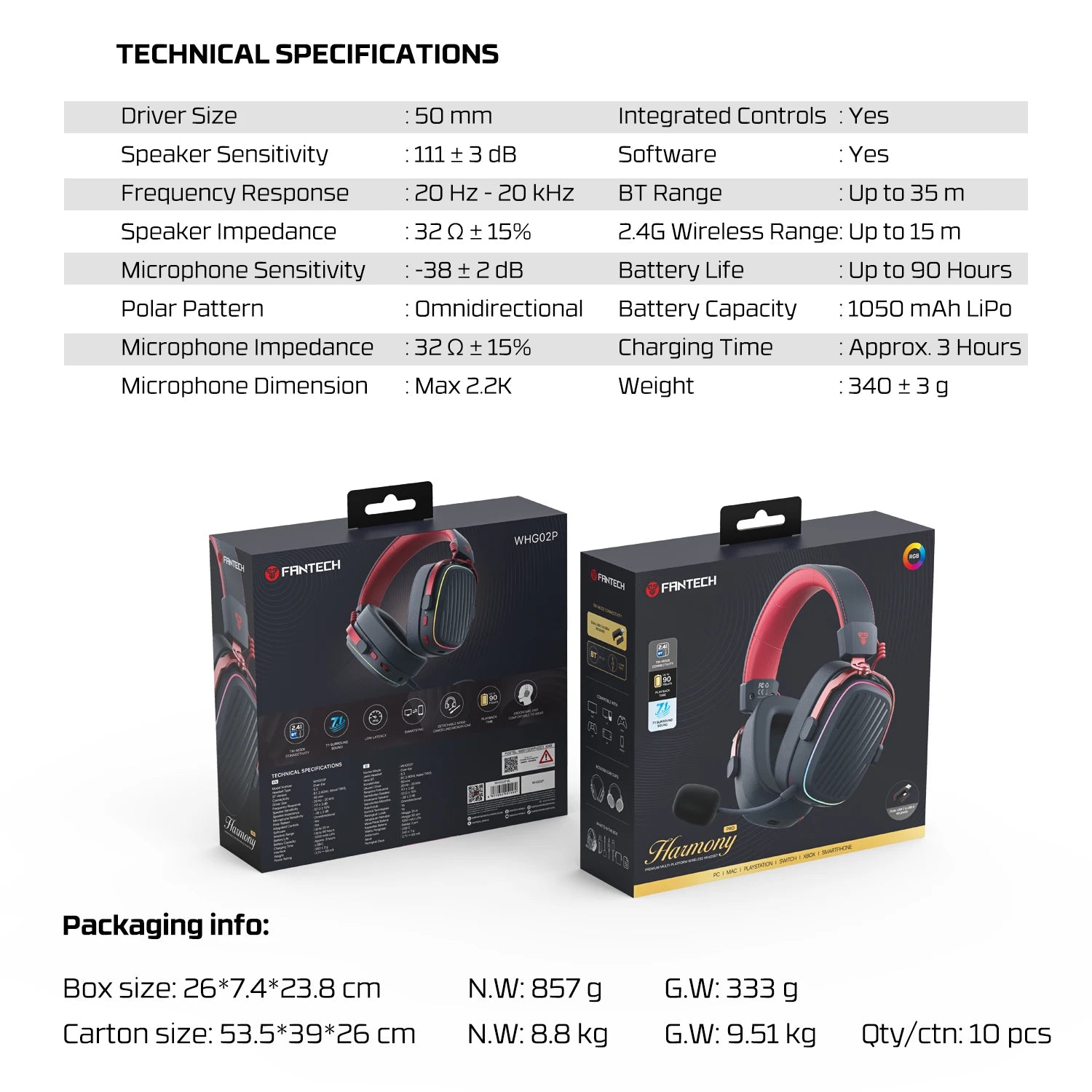 FANTECH Harmony PRO WHG02P 7.1 Surround Sound Gaming Headset Bluetooth 5.3 2.4G Wireless Headphones With Detachable Mic