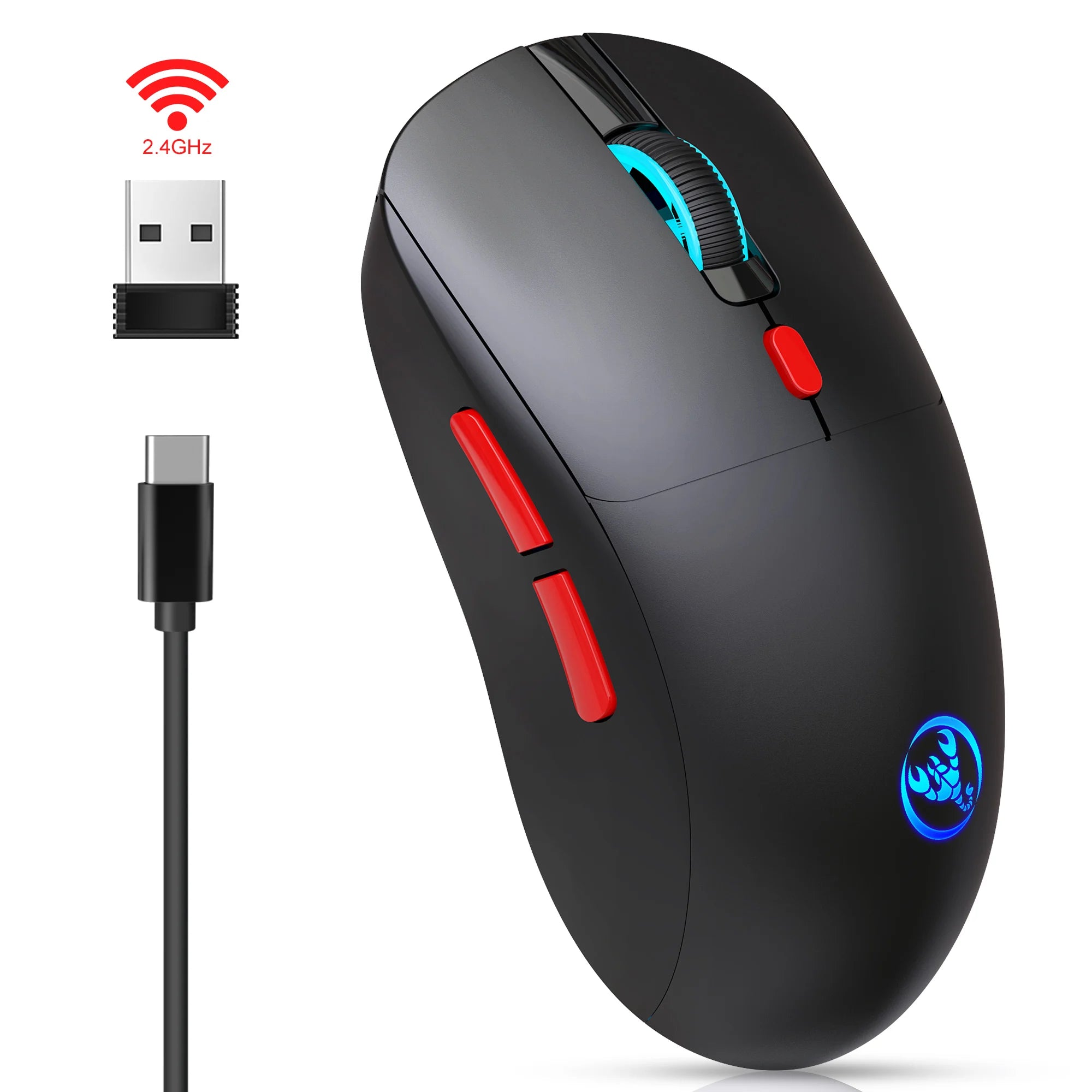 HXSJ 2.4G Wireless Rechargeable Mouse Ergonomic PAW3212 Professional IC, 650mAh Battery, 6-key Optical Gaming mouse for laptop