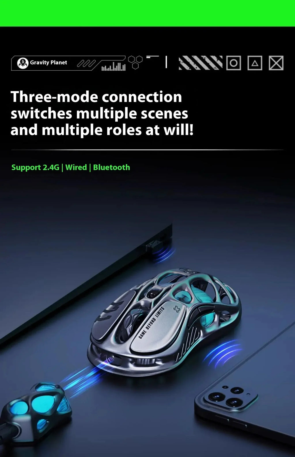 GravaStar M1 M2 Wireless Magnesium Alloy Gaming mouse PAW3395 4K 26000DPI bluetooth 2.4G wired Hollow design Gamer Mouse Gifts