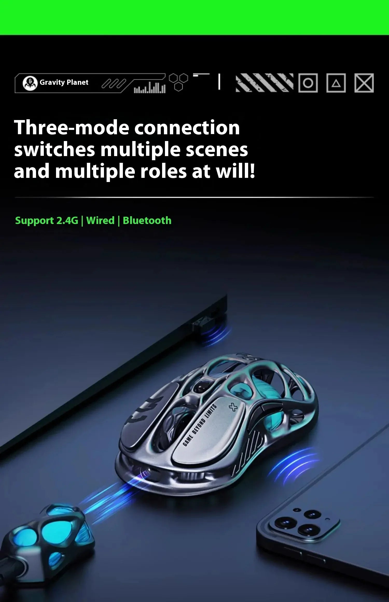GravaStar M1 M2 Wireless Magnesium Alloy Gaming mouse PAW3395 4K 26000DPI bluetooth 2.4G wired Hollow design Gamer Mouse Gifts