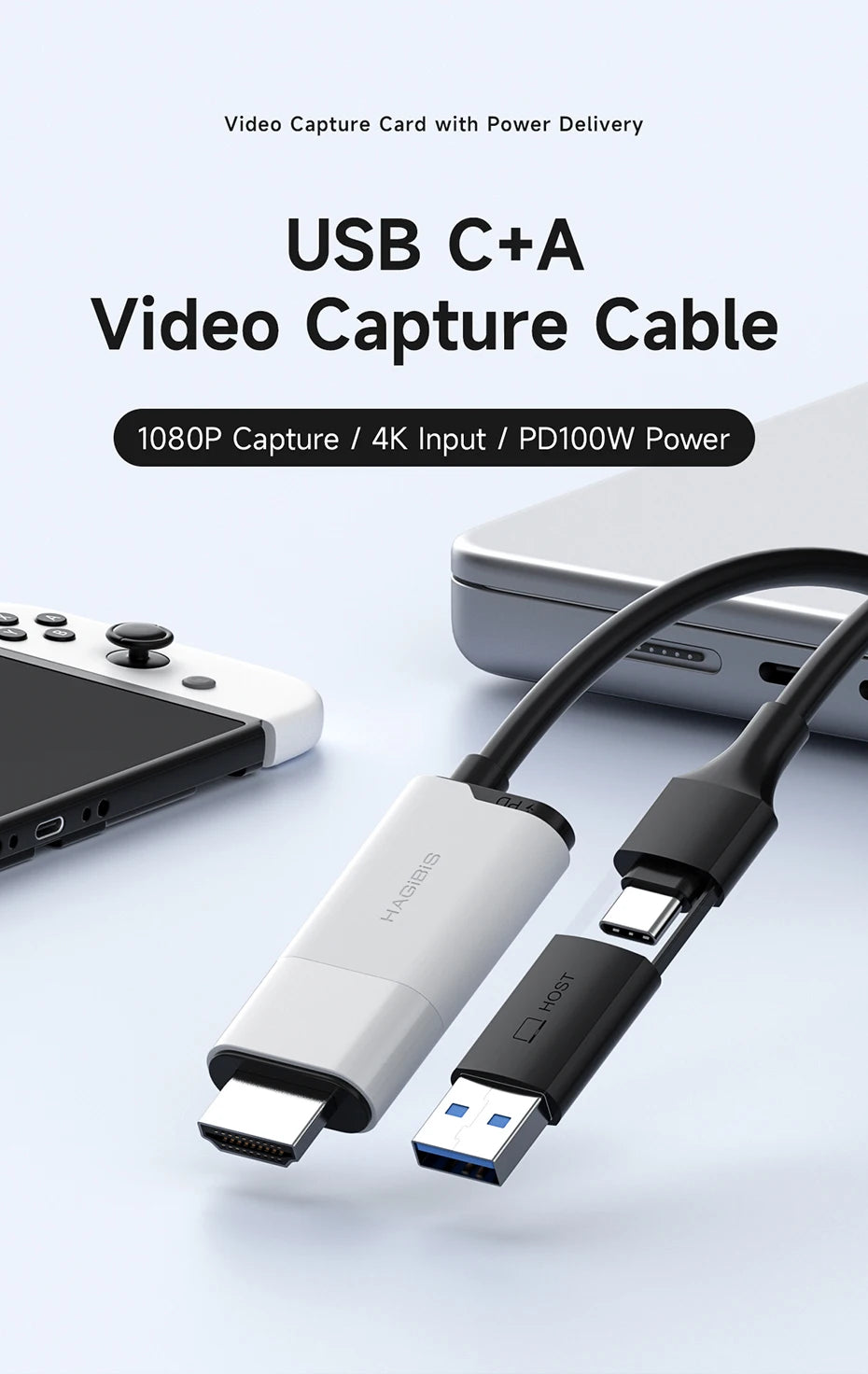 Hagibis USB 3.0 Video Capture Card HDMI to USB-A/Type-C Capture Cable PD 100W for Quest 3 Switch Gaming Live Streaming Recorder