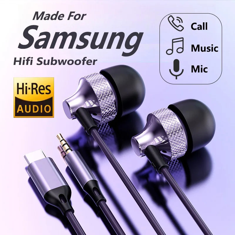 For Samsung Galaxy Gaming Wired Headphones Type C 3.5mm Heavy Bass In-Ear Earphones With Mic Phone Tablet PC HIFI Music Earbuds