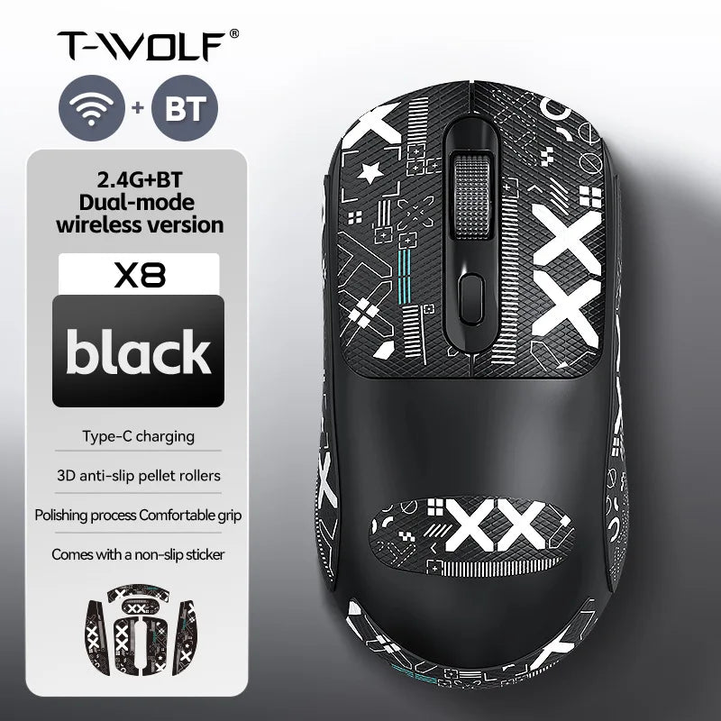 X8 Lightweight Wireless Gaming Mouse with 3 Mode 2.4G USB-C Wired BT 26K DPI PAW3395 Optical Sensor for PC/Laptop/Win/Mac