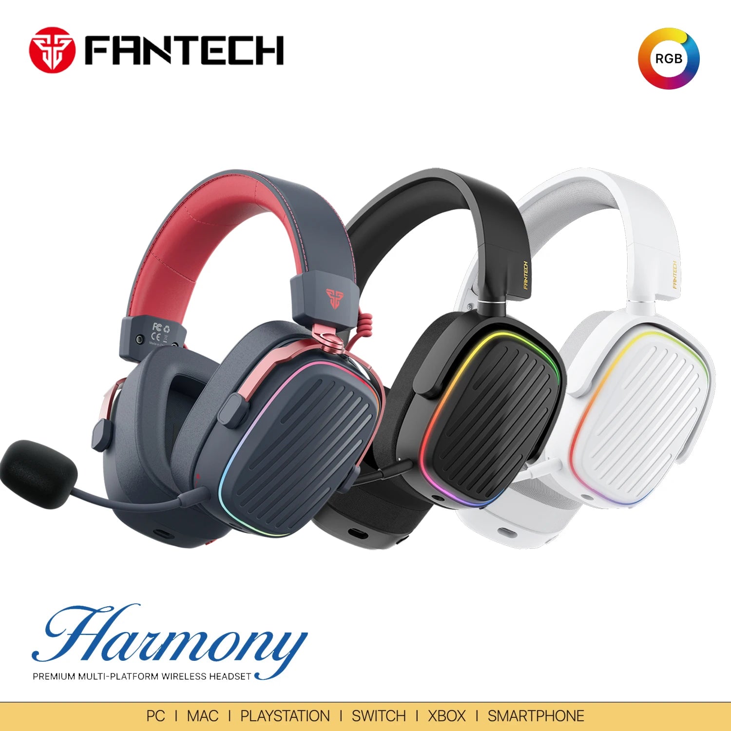 FANTECH Harmony PRO WHG02P 7.1 Surround Sound Gaming Headset Bluetooth 5.3 2.4G Wireless Headphones With Detachable Mic