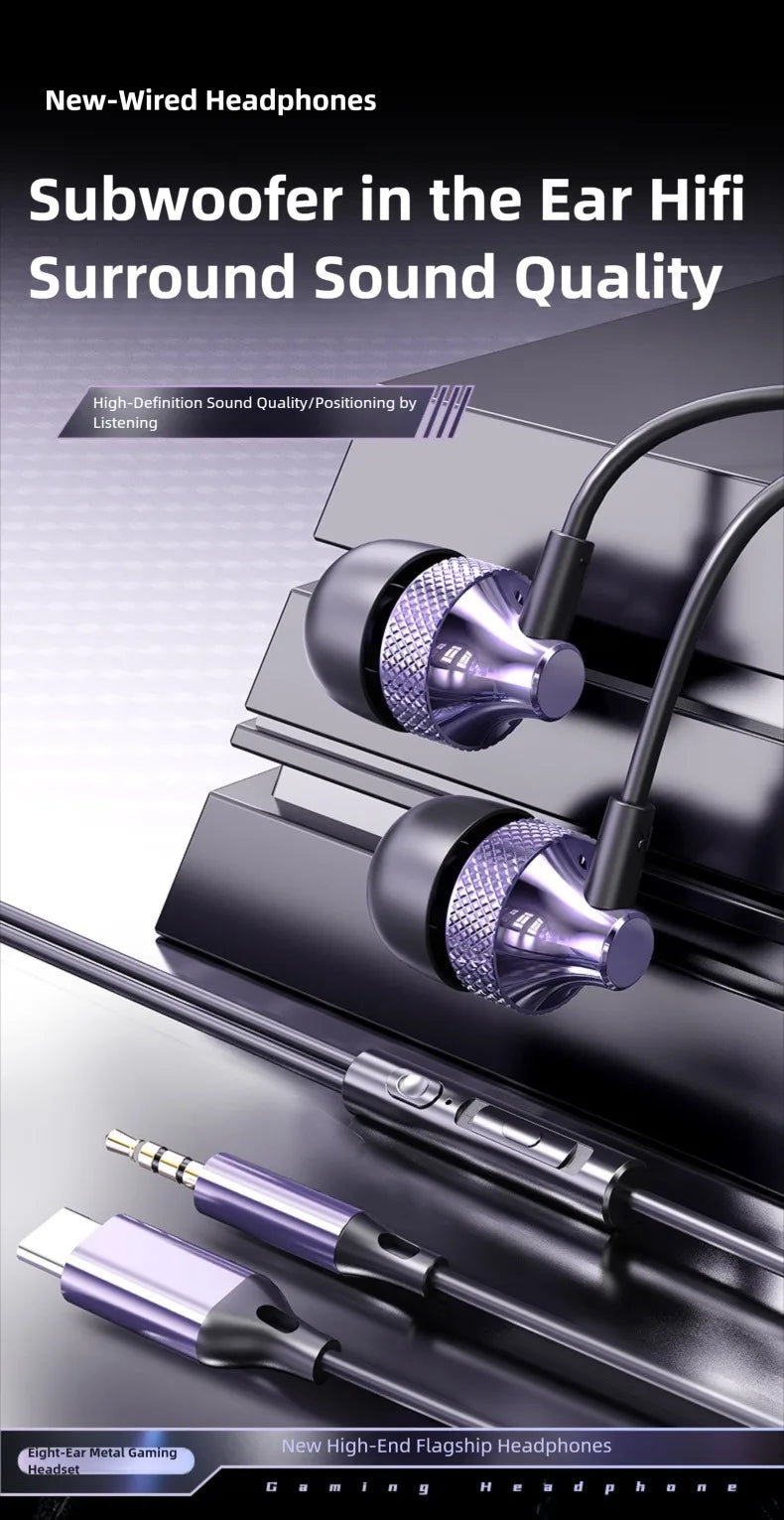 For Samsung Galaxy Gaming Wired Headphones Type C 3.5mm Heavy Bass In-Ear Earphones With Mic Phone Tablet PC HIFI Music Earbuds