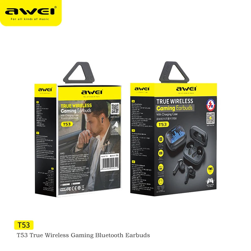 Awei T53 TWS Bluetooth Earbuds Gaming Wireless Headphones Call Noise Reduction Earphones with Shenzhen HongKong RGB Light