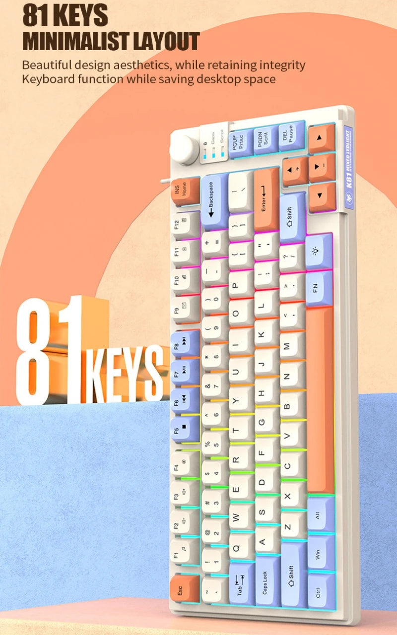 Keyboard K81 Gaming Keyboard 81 Key 80% Layout Spanish Russian Korean Arabic Keyboard USB Wired RGB Light Volume Knob Ergonomics