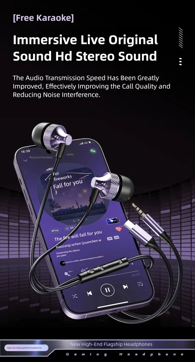 For Samsung Galaxy Gaming Wired Headphones Type C 3.5mm Heavy Bass In-Ear Earphones With Mic Phone Tablet PC HIFI Music Earbuds