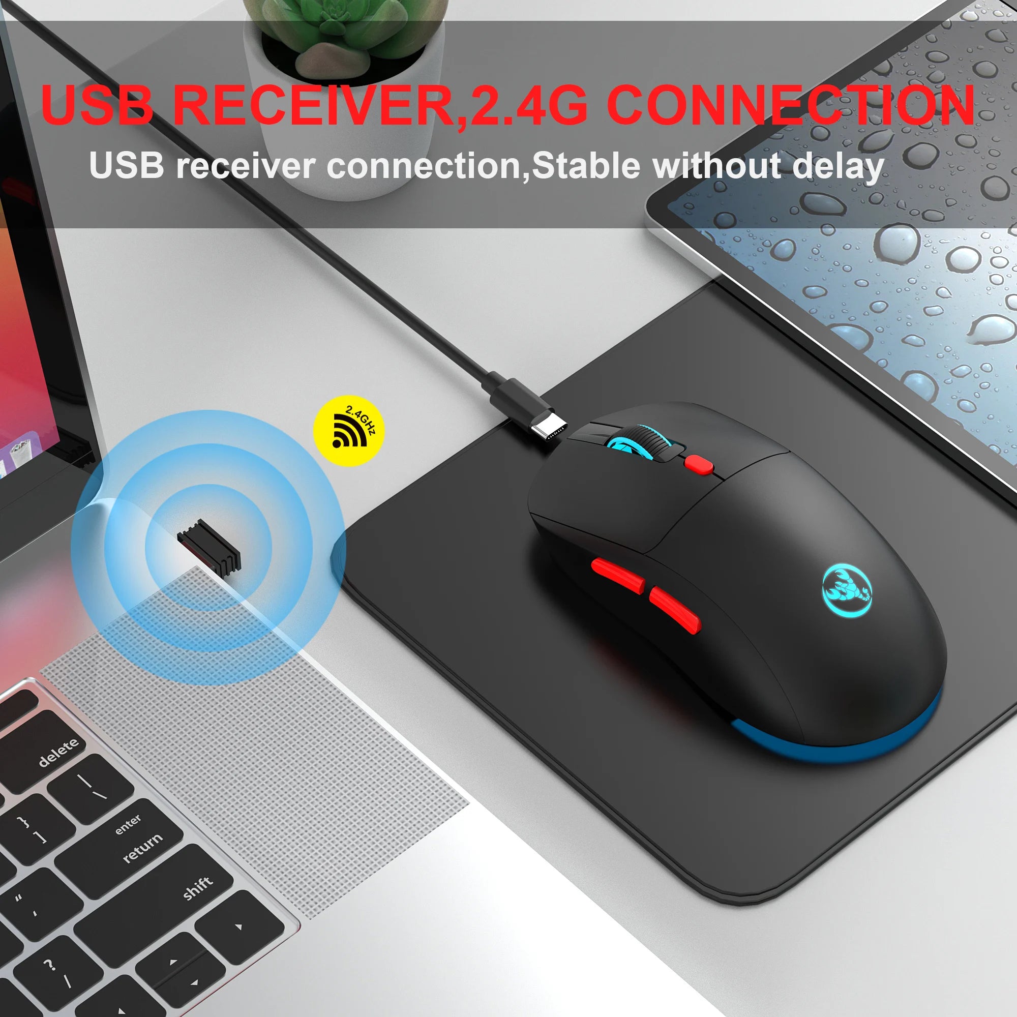 HXSJ 2.4G Wireless Rechargeable Mouse Ergonomic PAW3212 Professional IC, 650mAh Battery, 6-key Optical Gaming mouse for laptop