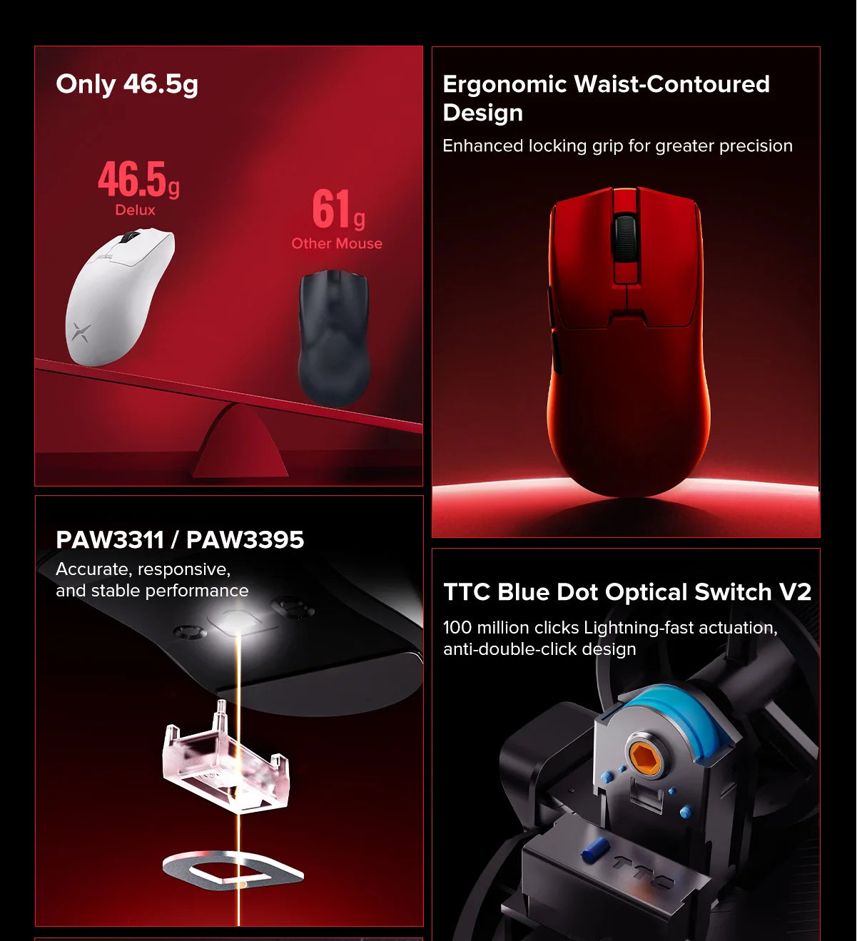 Delux M800mini Wireless Gaming Mouse, 46g Lightweight,PAW3395/PAW3311,1KHz Polling Rate for Small to Medium Hand PC Gamer