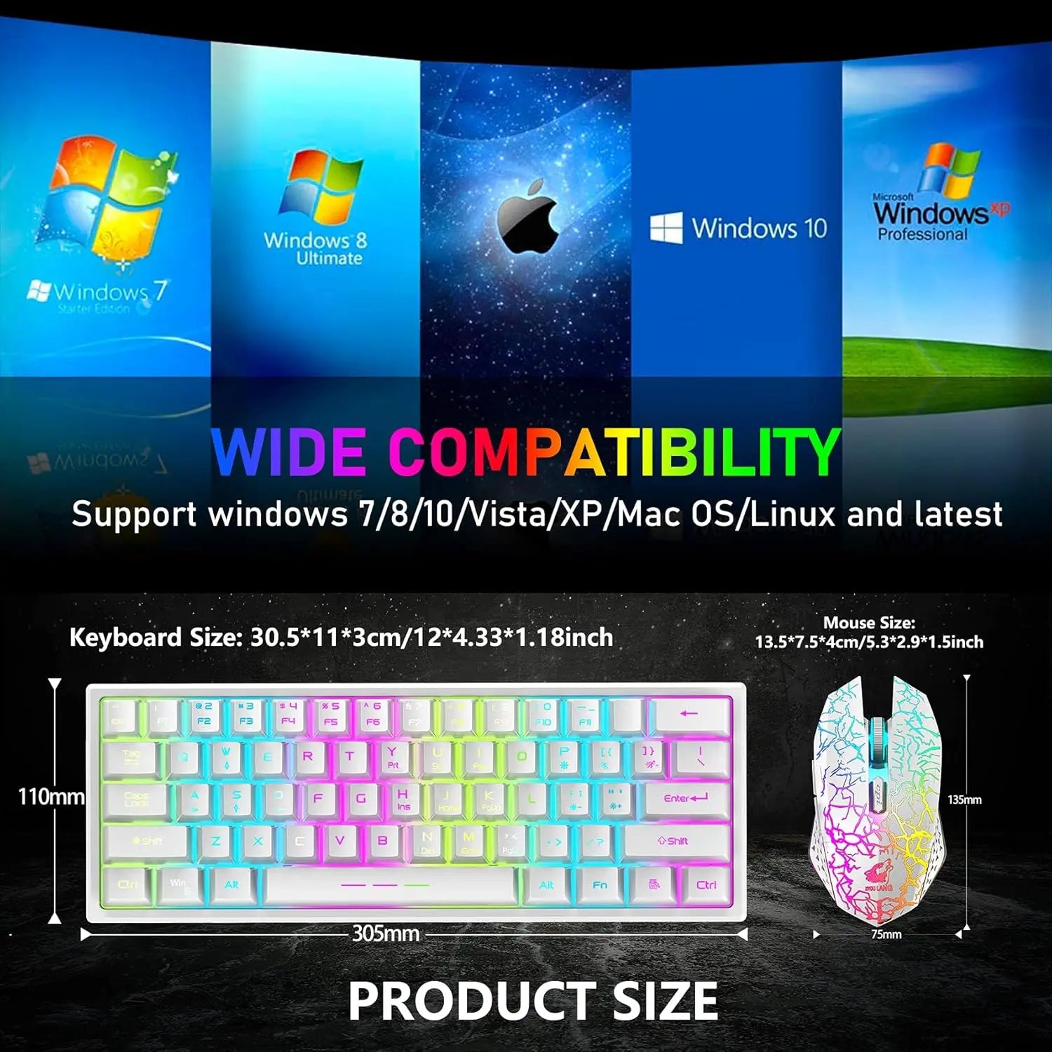 T61 Wireless Gaming Keyboard and Mouse Combo, Ergonomic 61 Key Rainbow LED Backlight Rechargeable 4000mAh Battery Mouse Pad