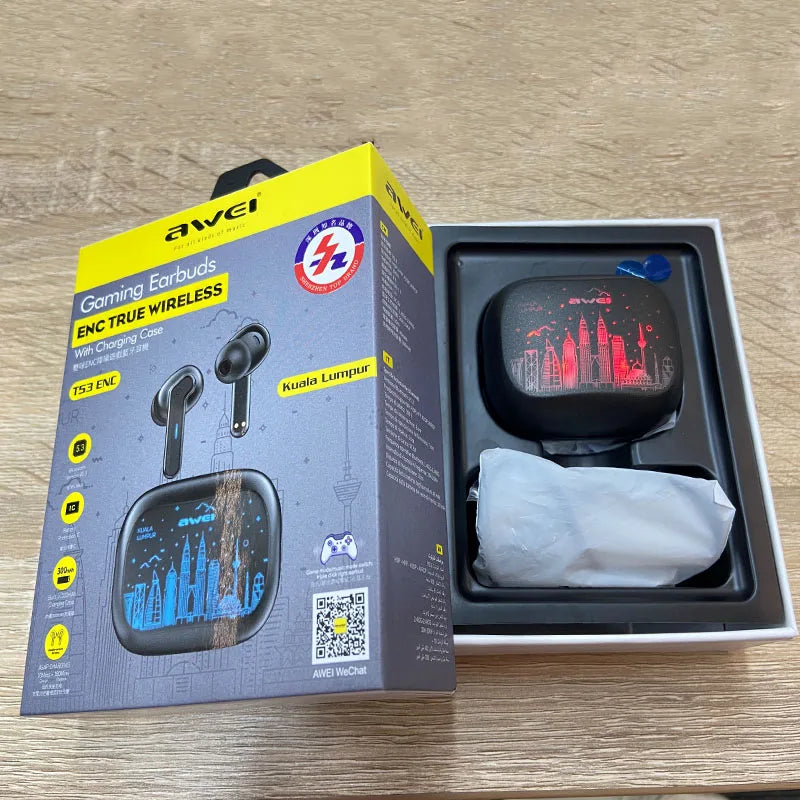 Awei T53 TWS Bluetooth Earbuds Gaming Wireless Headphones Call Noise Reduction Earphones with Shenzhen HongKong RGB Light