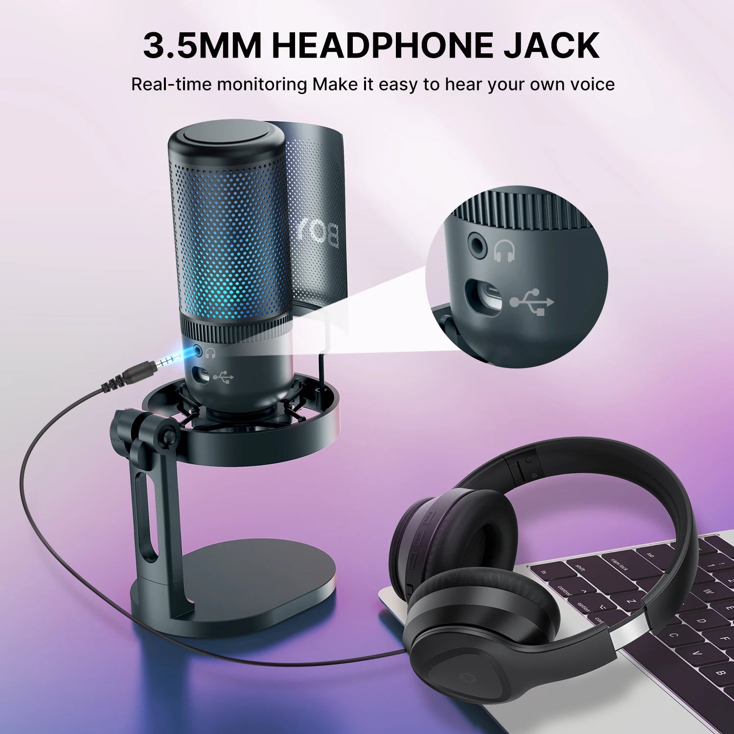 BOYA K3 USB Condenser Microphone with RGB Control/Headphone jack/Mute,MIC for PC Gaming Recording Streaming AmpliGame Podcasting