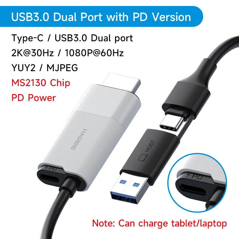 Hagibis USB 3.0 Video Capture Card HDMI to USB-A/Type-C Capture Cable PD 100W for Quest 3 Switch Gaming Live Streaming Recorder
