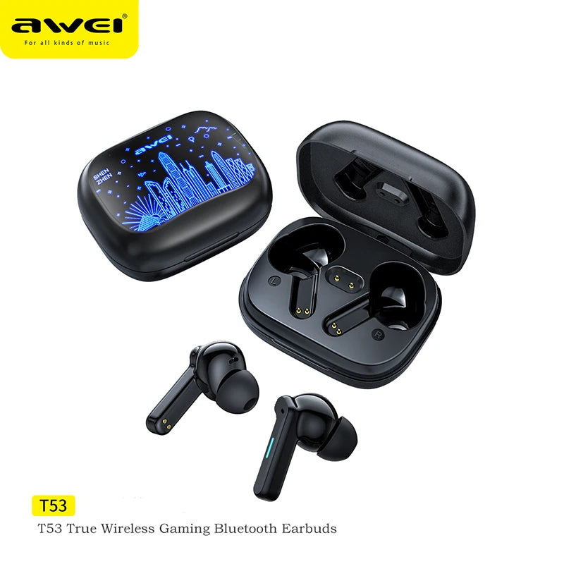 Awei T53 TWS Bluetooth Earbuds Gaming Wireless Headphones Call Noise Reduction Earphones with Shenzhen HongKong RGB Light