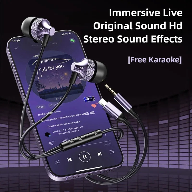 For Samsung Galaxy Gaming Wired Headphones Type C 3.5mm Heavy Bass In-Ear Earphones With Mic Phone Tablet PC HIFI Music Earbuds