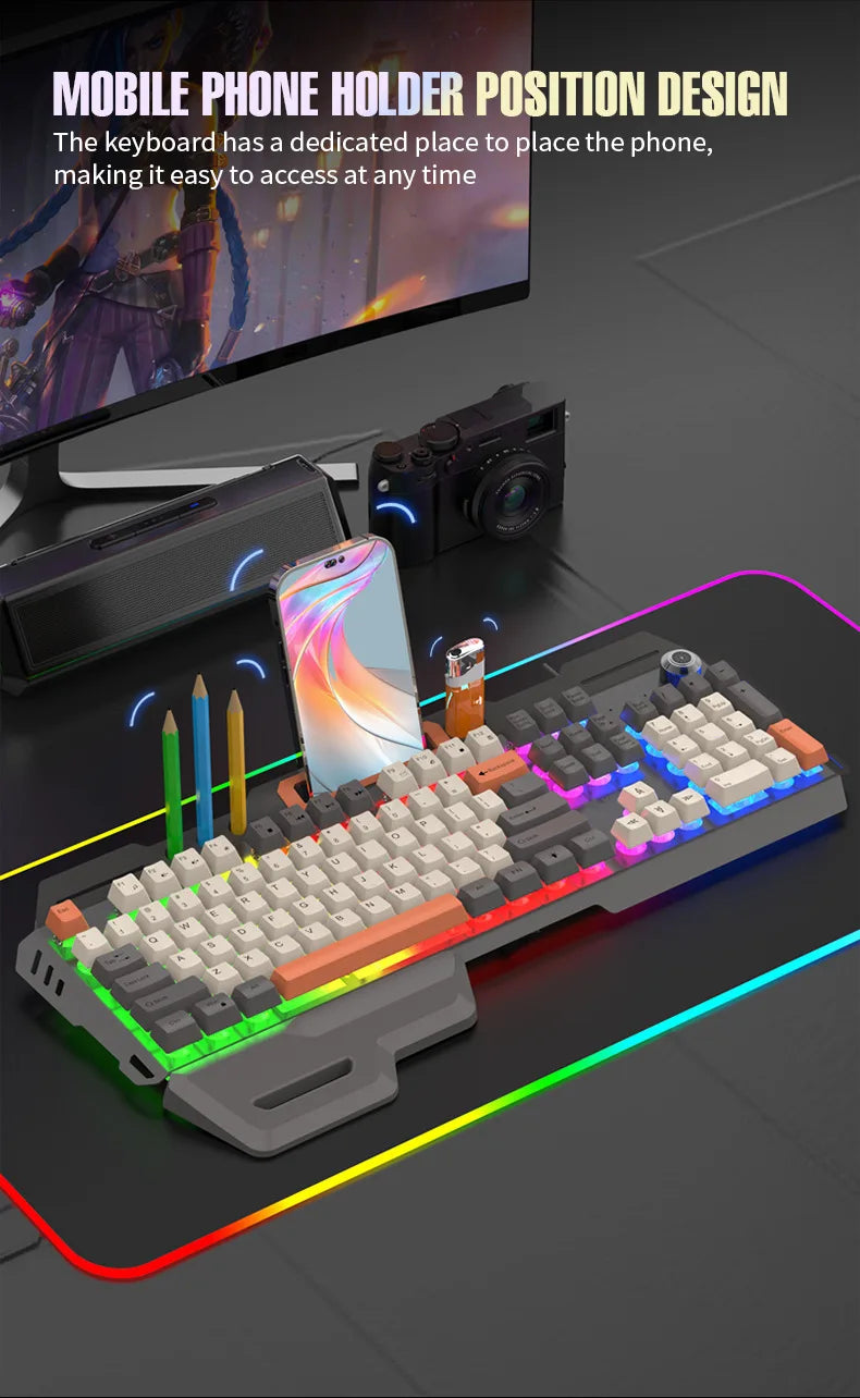 Gaming Keyboard 100% Layout Mechanical Feel 104 Key Spanish Russian Korean Arabic Keyboard Gamer Wired RGB Volume Knob Mouse K90