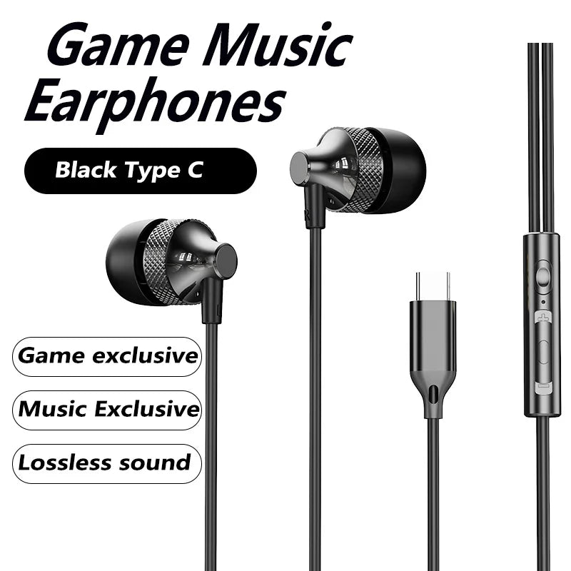 For Samsung Galaxy Gaming Wired Headphones Type C 3.5mm Heavy Bass In-Ear Earphones With Mic Phone Tablet PC HIFI Music Earbuds