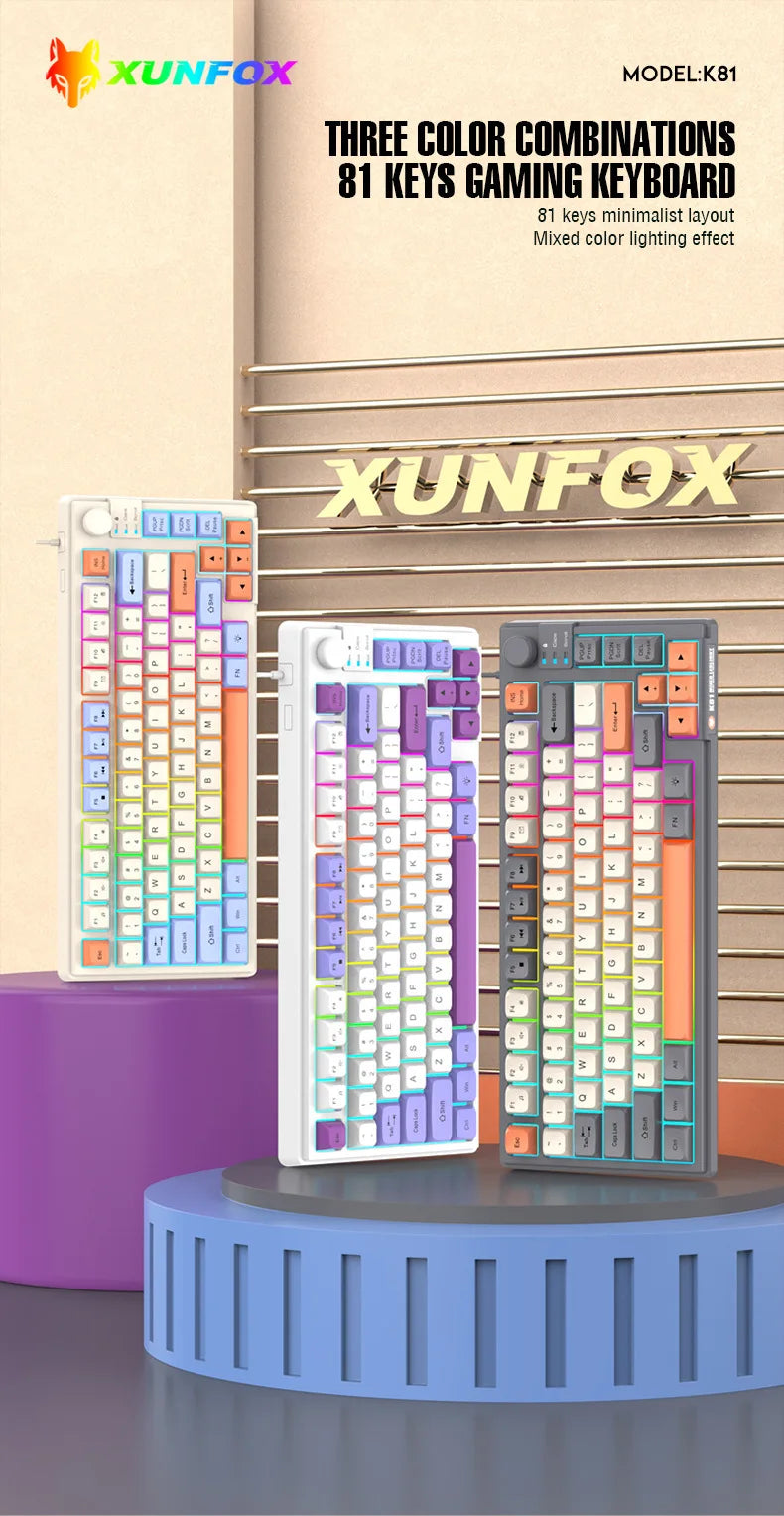 Keyboard K81 Gaming Keyboard 81 Key 80% Layout Spanish Russian Korean Arabic Keyboard USB Wired RGB Light Volume Knob Ergonomics