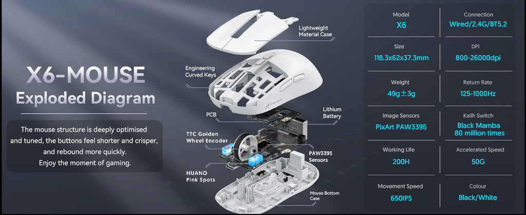 MAMBASNAKE x ATTACK SHARK X6 49g Superlight Wireless Gaming Mouse with Magnetic RGB Charging Base