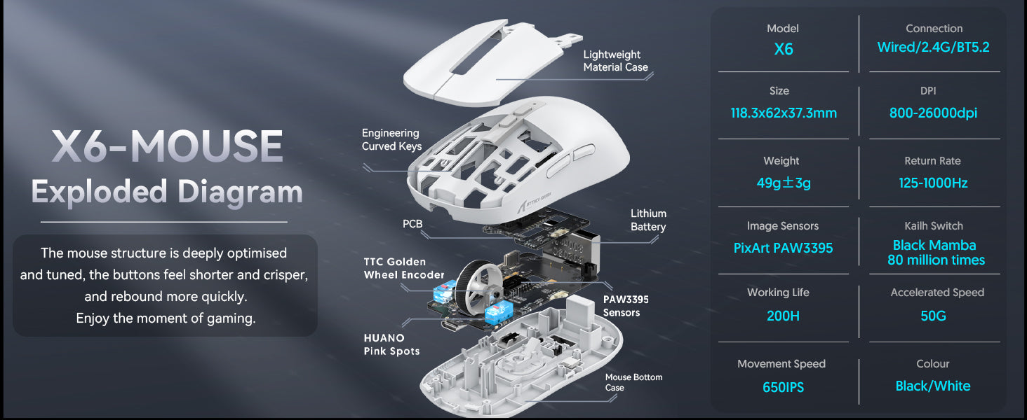 MAMBASNAKE x ATTACK SHARK X6 49g Superlight Wireless Gaming Mouse with Magnetic RGB Charging Base