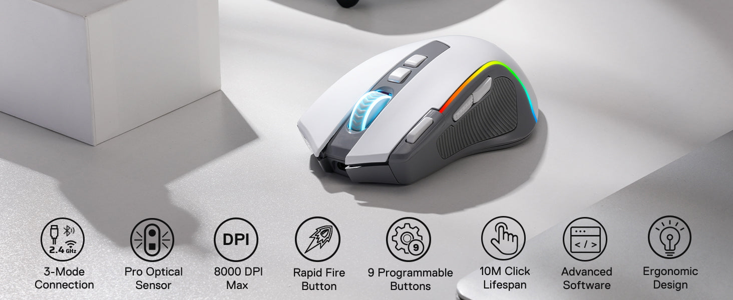 Redragon M612 PRO RGB BT 2.4G Gaming Gamer Mouse, 8000 DPI Wireless Optical 9 Programmable Buttons 7 Backlit Modes, B