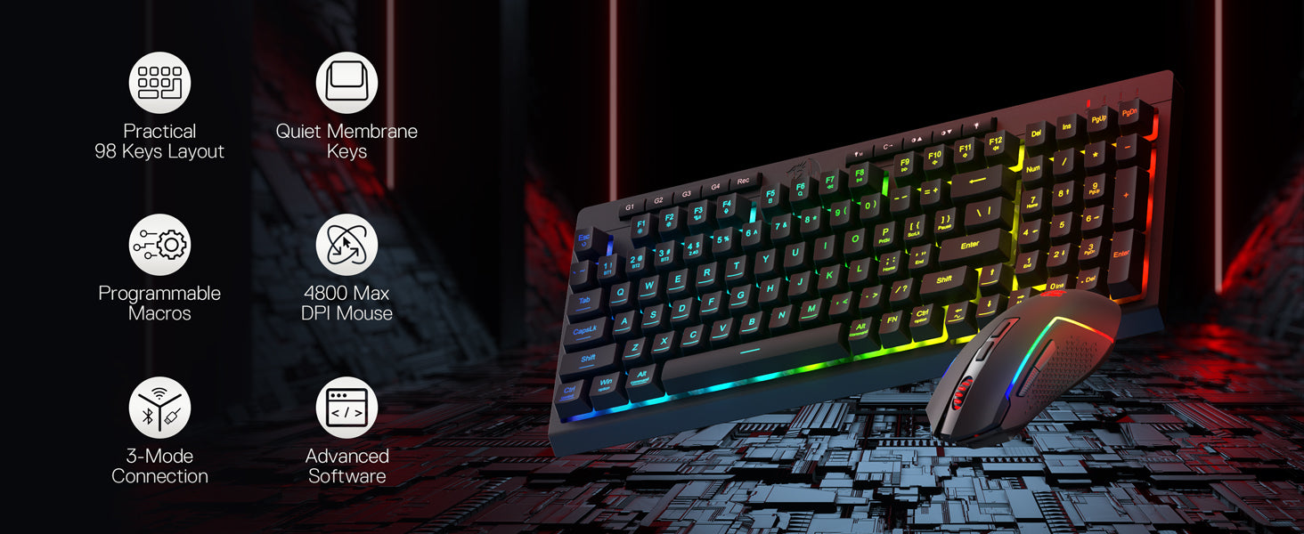 Redragon S142 Wireless Gaming Keyboard & Mouse Combo, 98 Keys K515 PRO Wireless RGB Membrane Keyboard