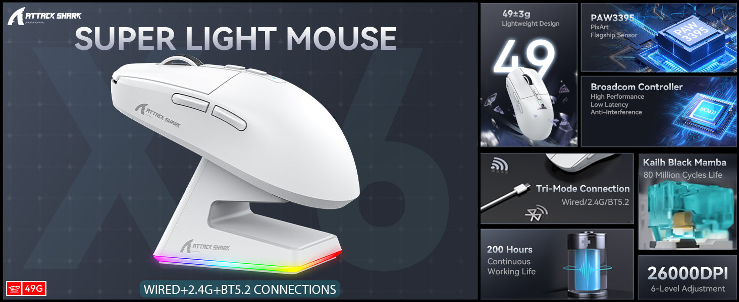 MAMBASNAKE x ATTACK SHARK X6 49g Superlight Wireless Gaming Mouse with Magnetic RGB Charging Base