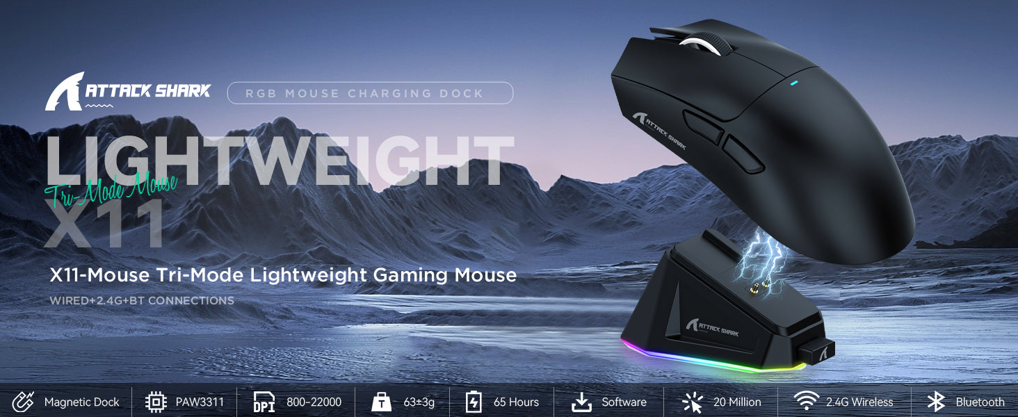 MAMBASNAKE x ATTACK SHARK X11 Gaming Mouse with Magnetic Charging Dock, PixArt PAW3311 Gaming Sensor